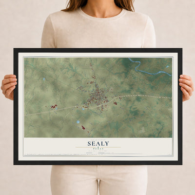Map of Sealy, Texas, 12 x 18 inch print in a black wood frame