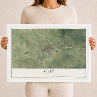 Map of Sealy, Texas, 12 x 18 inch print in a white wood frame