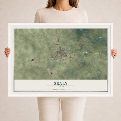Map of Sealy, Texas, 24 x 36 inch print in a white wood frame