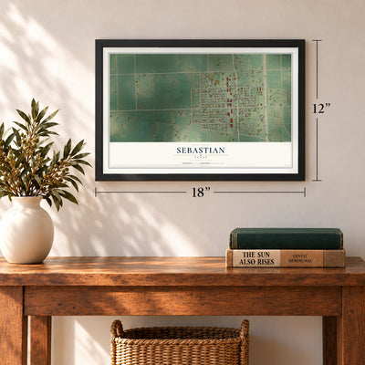 Sebastian, Texas map, 12 x 18 inch print in a black frame in an entryway