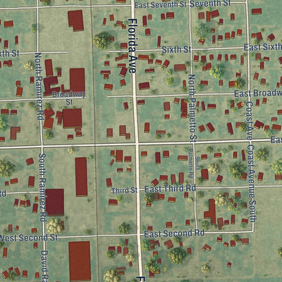 Close-up of the map of Sebastian, Texas print showing street and building detail