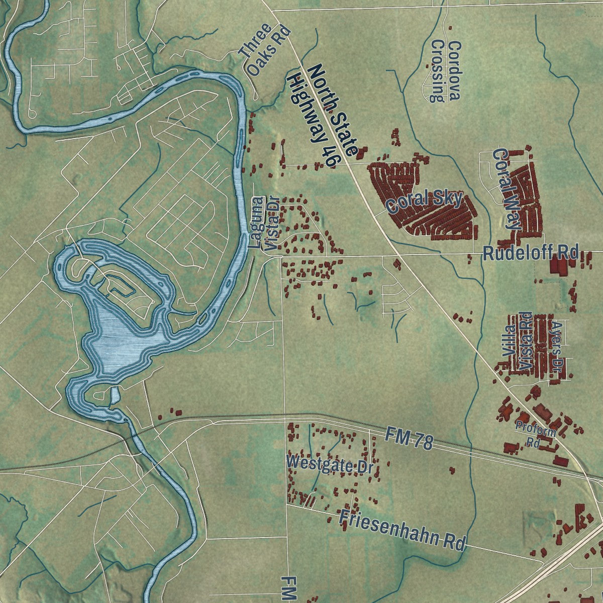 Second close-up of the map of Seguin, Texas print showing more streets and buildings