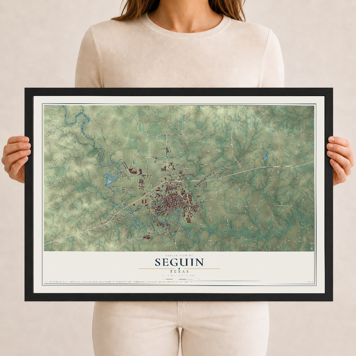 Map of Seguin, Texas, 12 x 18 inch print in a black wood frame