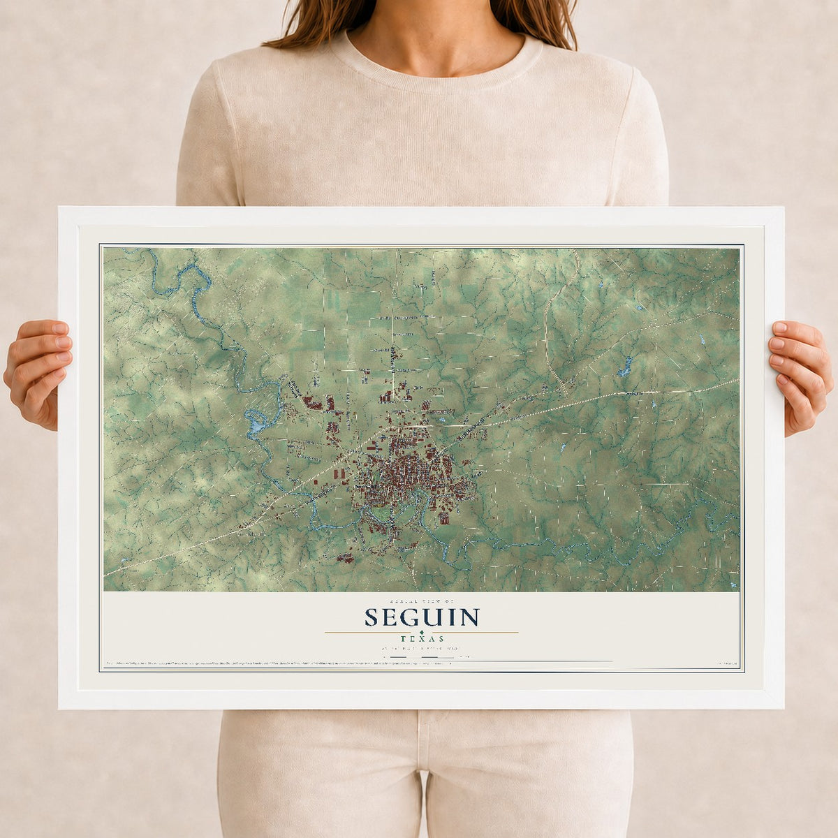 Map of Seguin, Texas, 12 x 18 inch print in a white wood frame