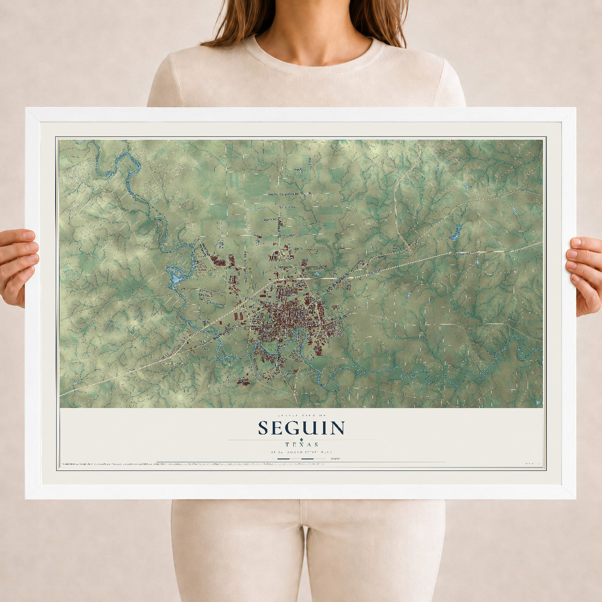 Map of Seguin, Texas, 18 x 24 inch print in a white wood frame
