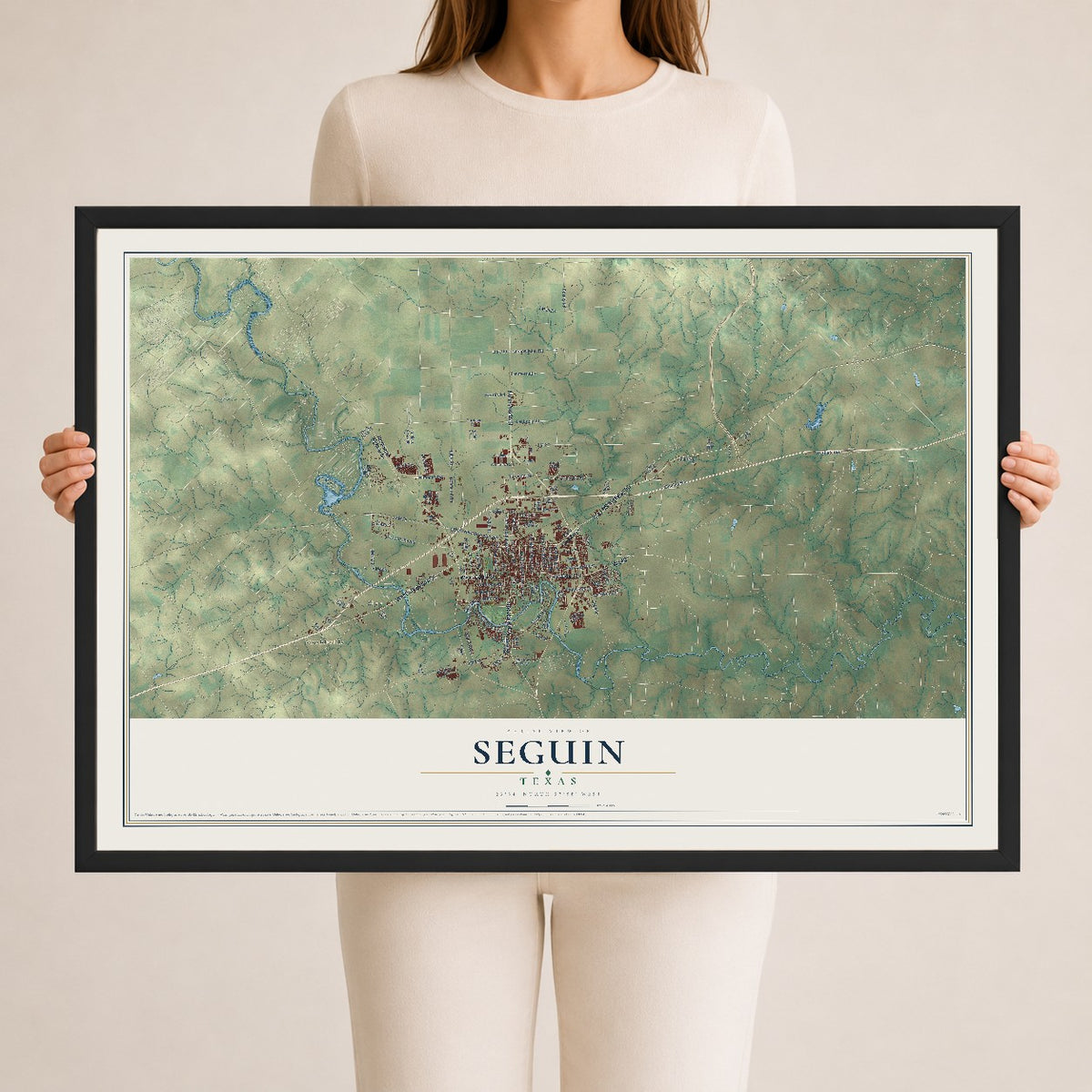 Map of Seguin, Texas, 24 x 36 inch print in a black wood frame