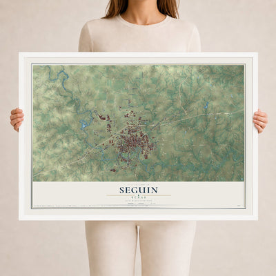 Map of Seguin, Texas, 24 x 36 inch print in a white wood frame