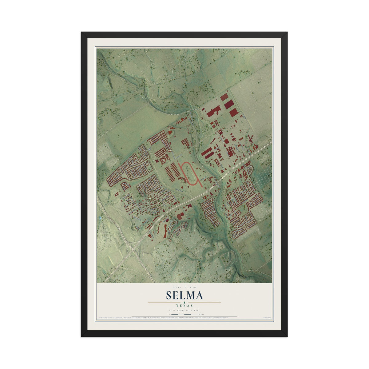 Map of Selma, Texas, 12 x 18 inch print in a black wood frame