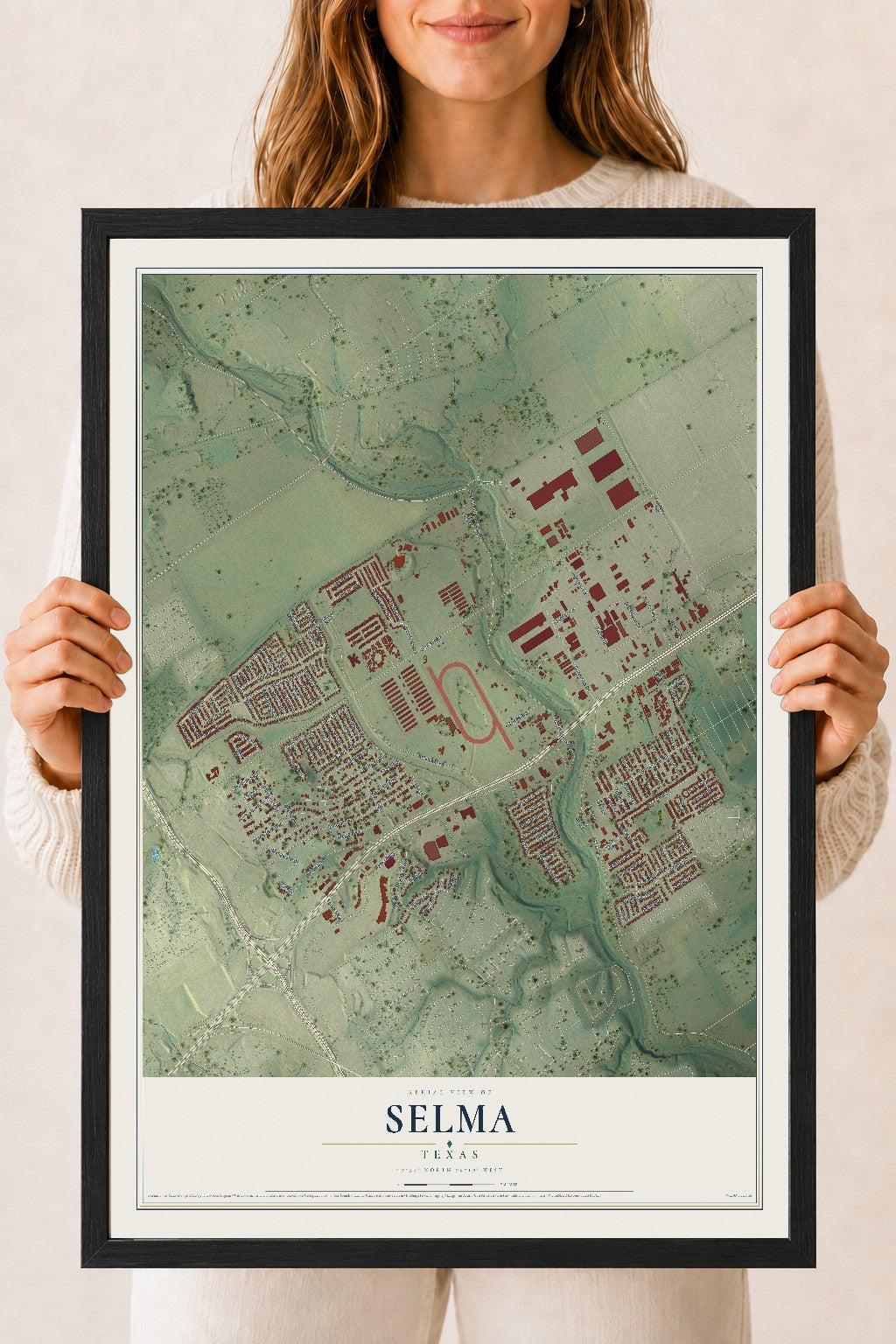 Map of Selma, Texas, 18 x 24 inch print in a black wood frame