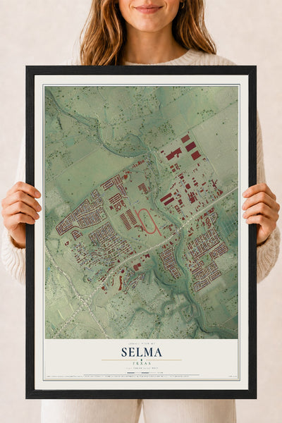 Map of Selma, Texas, 18 x 24 inch print in a black wood frame
