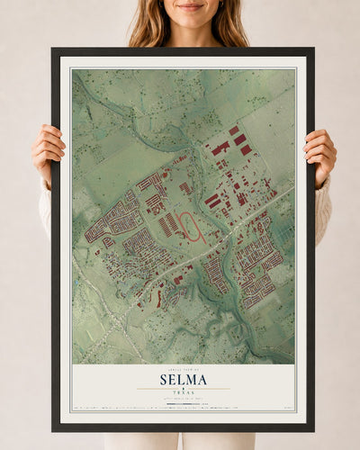 Map of Selma, Texas, 24 x 36 inch print in a black wood frame