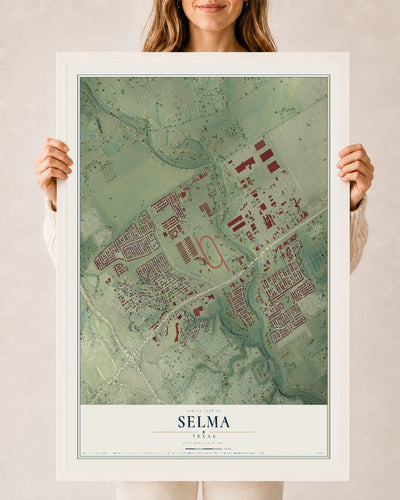 Map of Selma, Texas, 24 x 36 inch print in a white wood frame