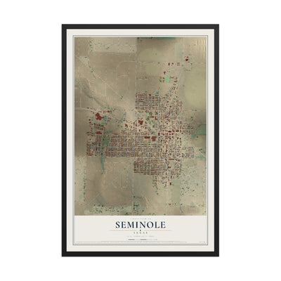 Map of Seminole, Texas, 12 x 18 inch print in a black wood frame