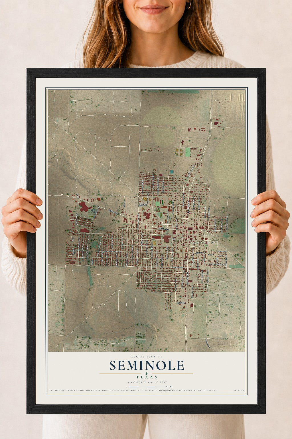 Map of Seminole, Texas, 18 x 24 inch print in a black wood frame
