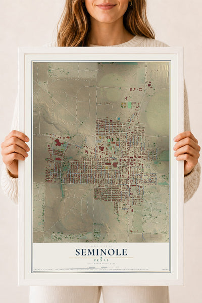 Map of Seminole, Texas, 18 x 24 inch print in a white wood frame