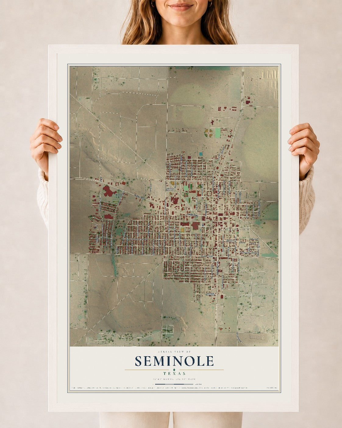 Map of Seminole, Texas, 24 x 36 inch print in a white wood frame