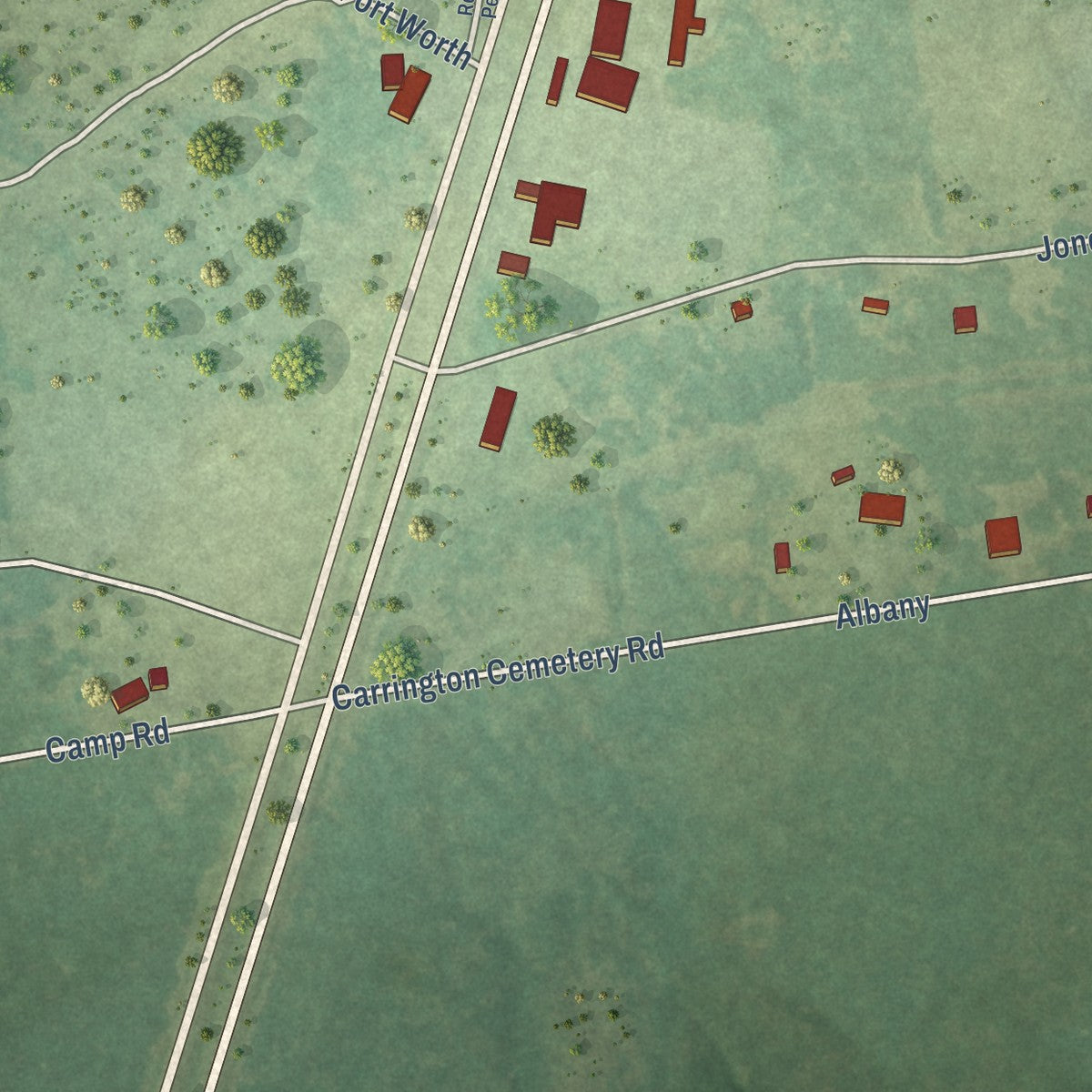 Close-up of the map of Seven Oaks, Texas print showing street and building detail