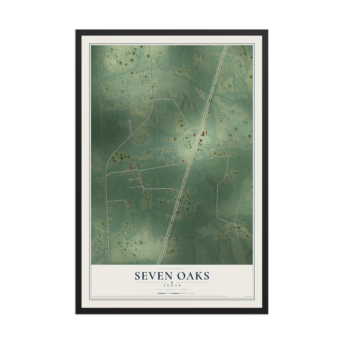 Map of Seven Oaks, Texas, 12 x 18 inch print in a black wood frame