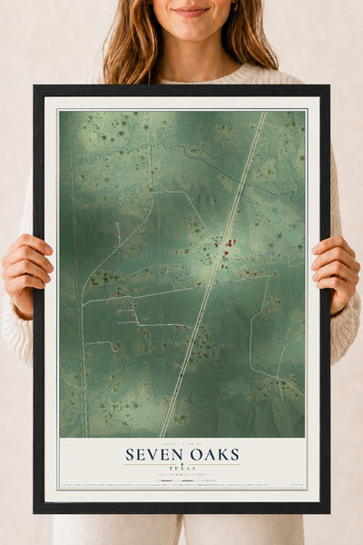 Map of Seven Oaks, Texas, 18 x 24 inch print in a black wood frame
