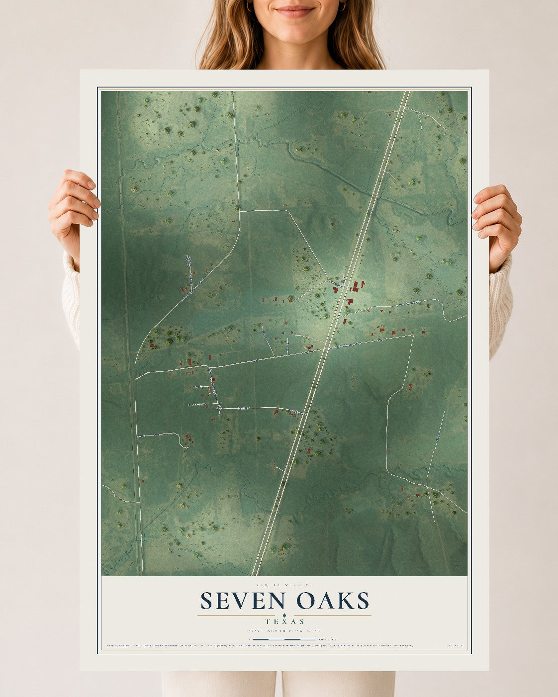 Map of Seven Oaks, Texas, 24 x 36 inch unframed archival matte print