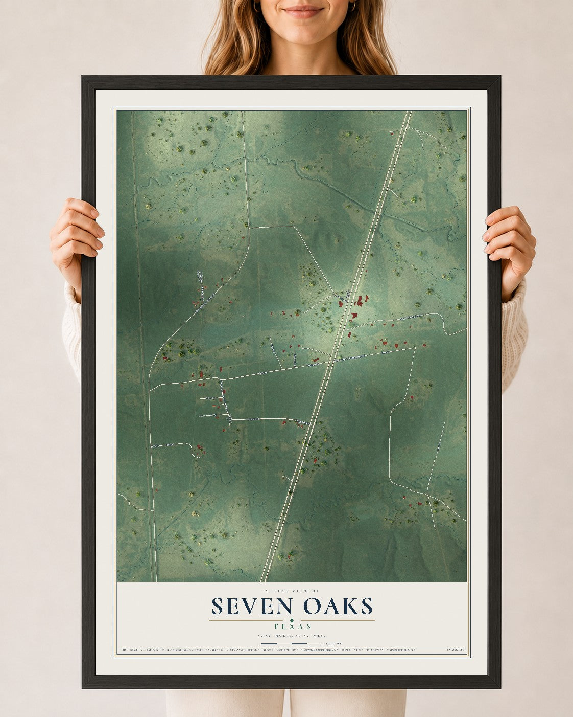 Map of Seven Oaks, Texas, 24 x 36 inch print in a black wood frame