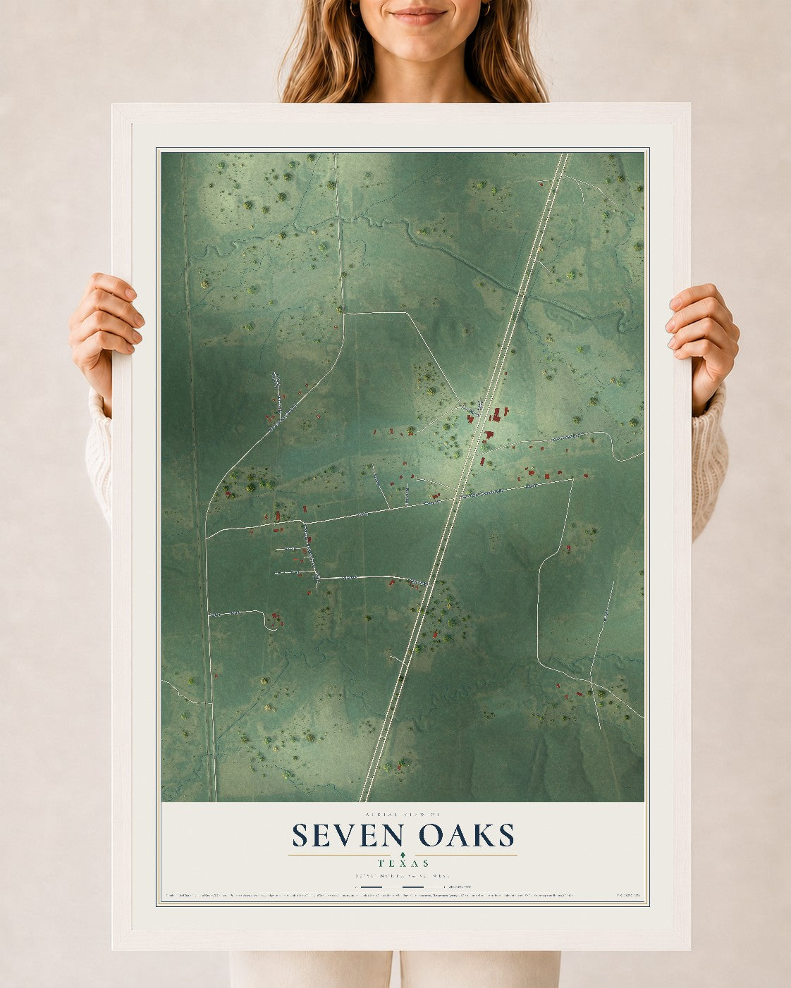 Map of Seven Oaks, Texas, 24 x 36 inch print in a white wood frame