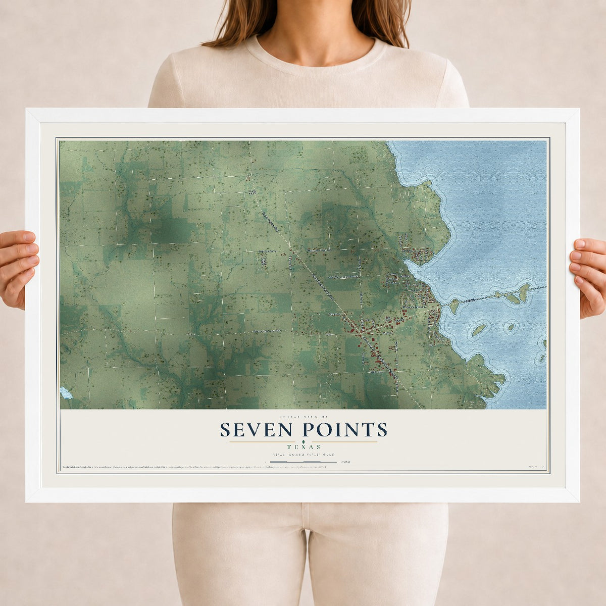 Map of Seven Points, Texas, 18 x 24 inch print in a white wood frame