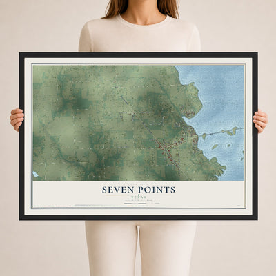 Map of Seven Points, Texas, 24 x 36 inch print in a black wood frame