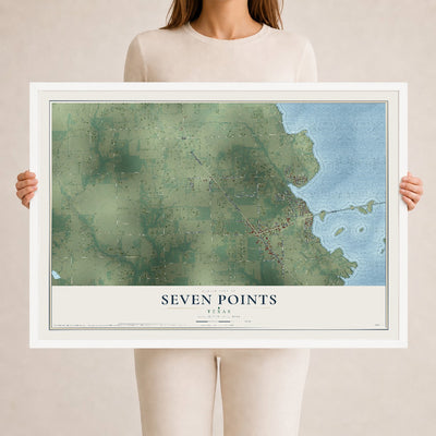 Map of Seven Points, Texas, 24 x 36 inch print in a white wood frame