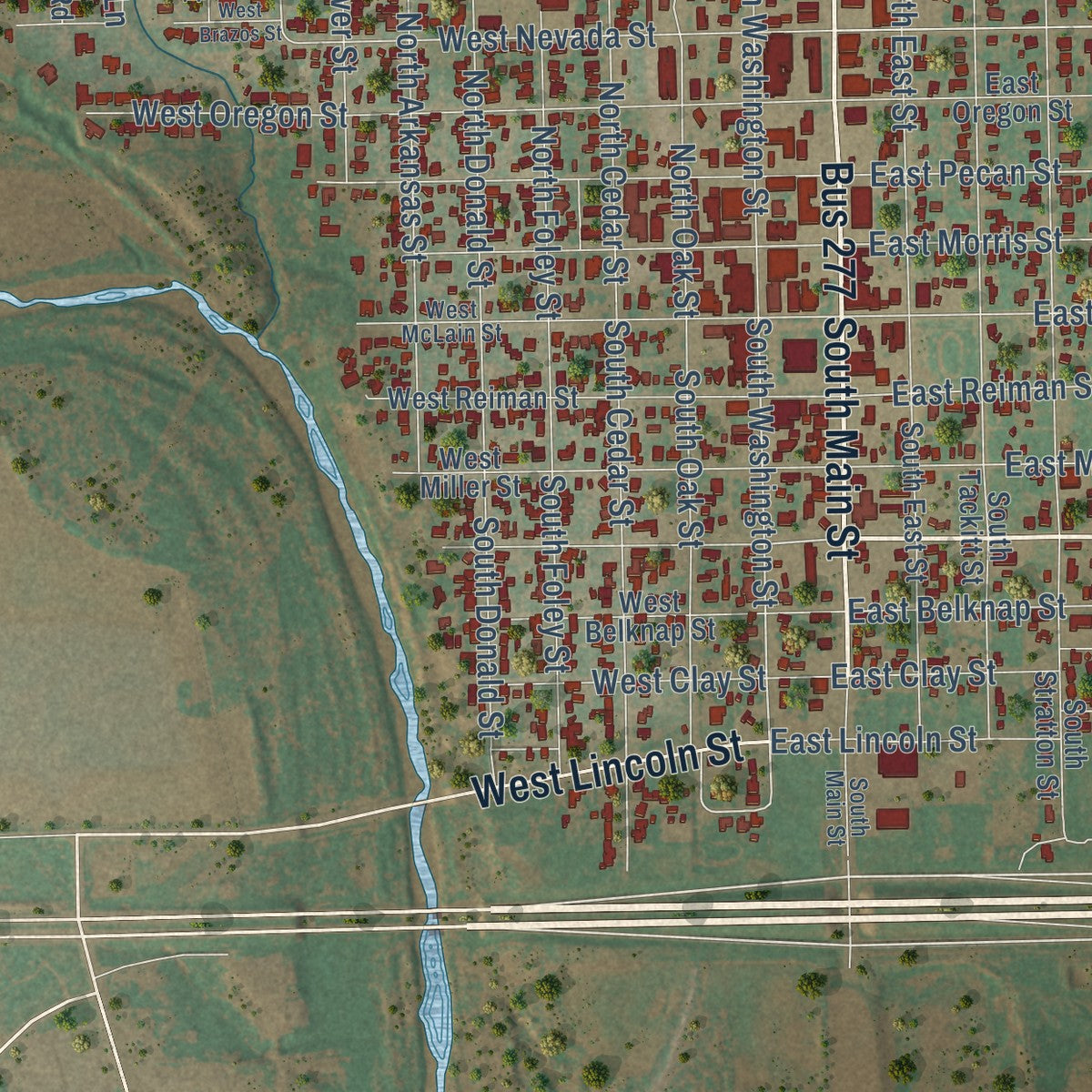 Close-up of the map of Seymour, Texas print showing street and building detail