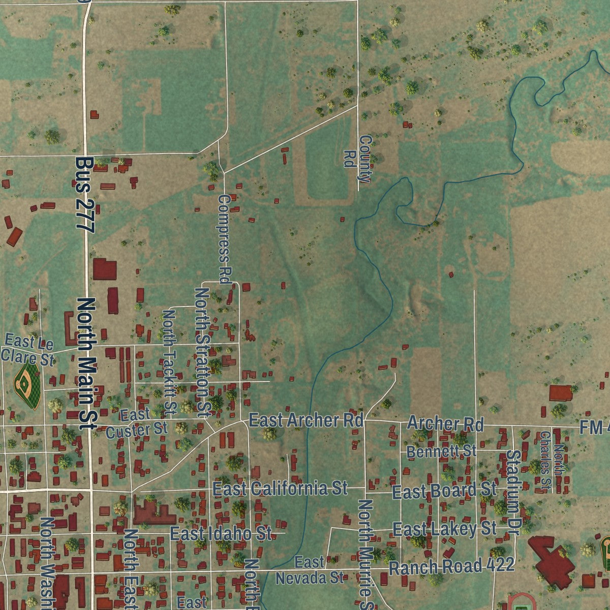 Second close-up of the map of Seymour, Texas print showing more streets and buildings