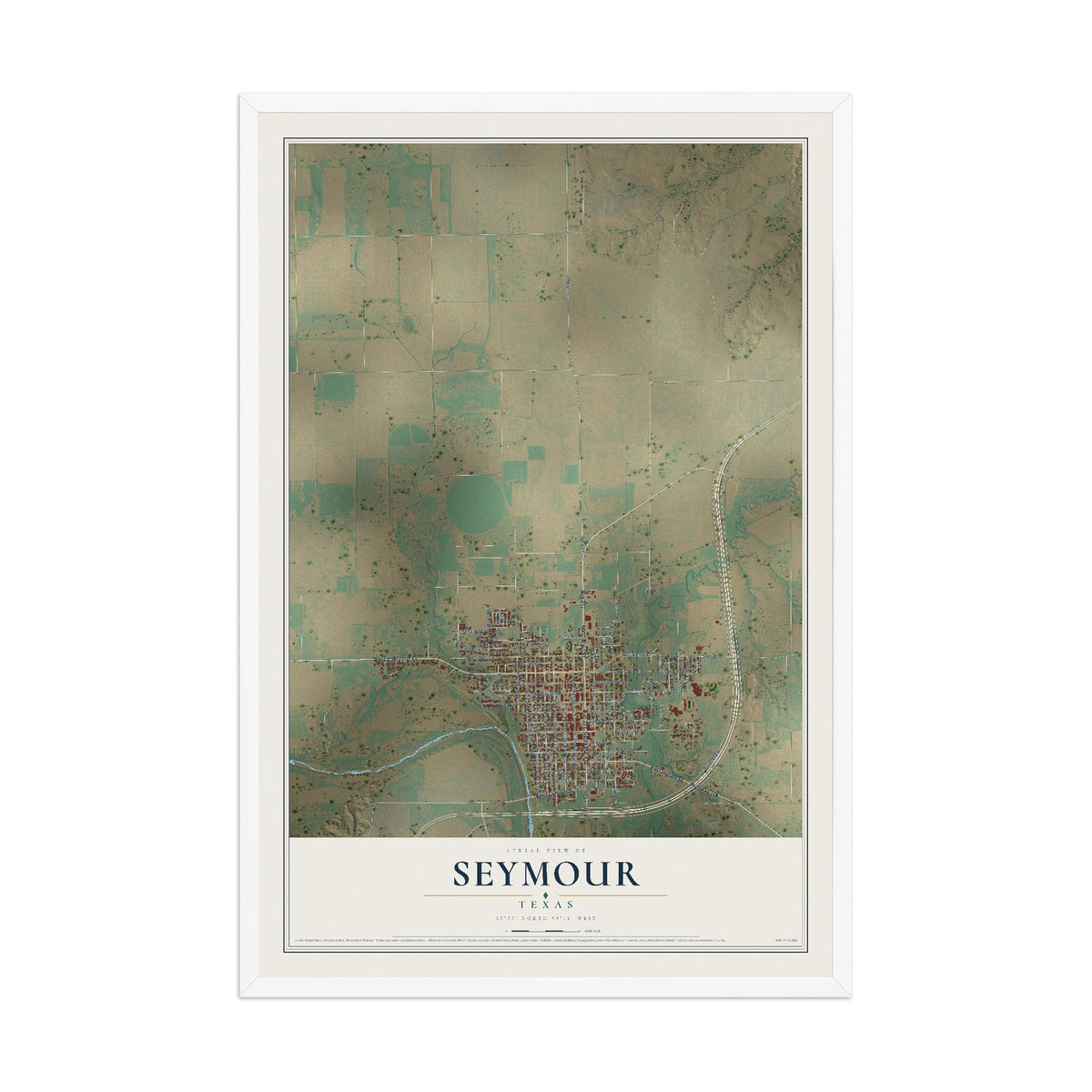 Map of Seymour, Texas, 12 x 18 inch print in a white wood frame