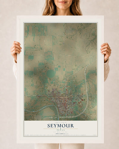 Map of Seymour, Texas, 24 x 36 inch print in a white wood frame