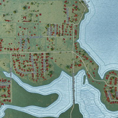 Close-up of the map of Shady Shores, Texas print showing street and building detail