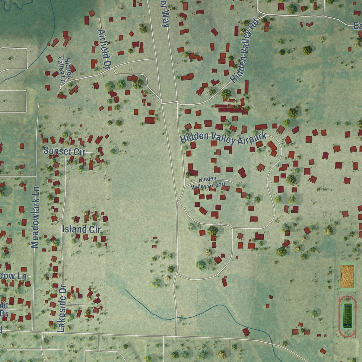Second close-up of the map of Shady Shores, Texas print showing more streets and buildings