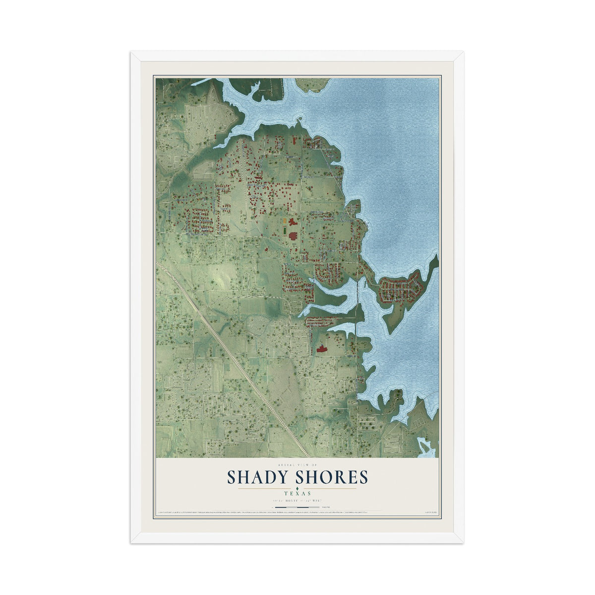 Map of Shady Shores, Texas, 12 x 18 inch print in a white wood frame
