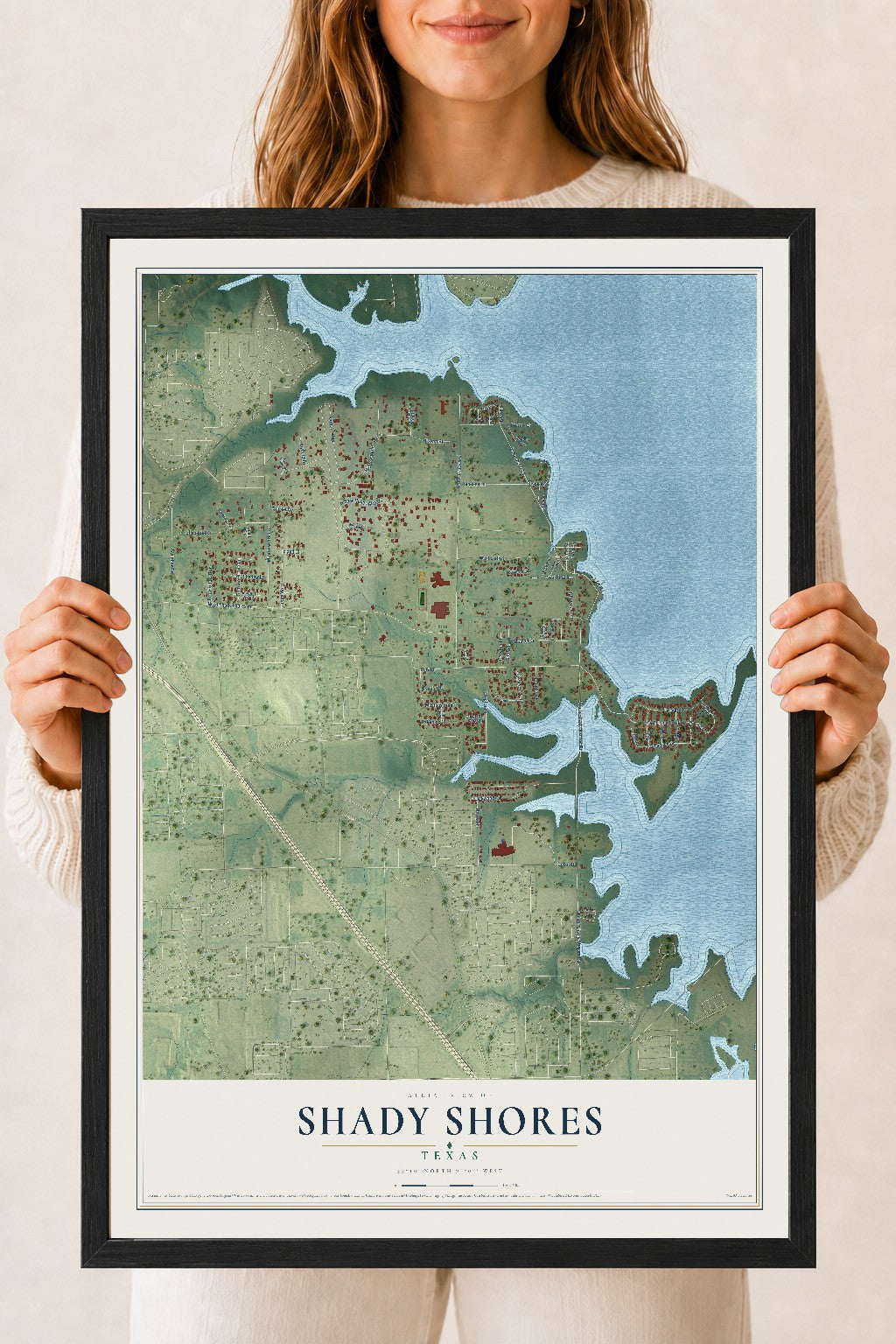 Map of Shady Shores, Texas, 18 x 24 inch print in a black wood frame
