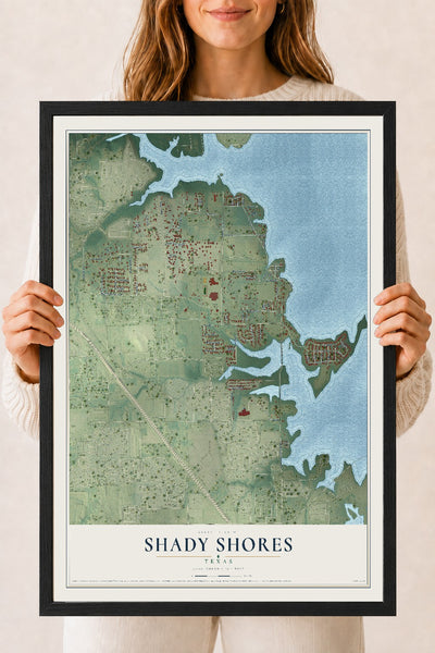 Map of Shady Shores, Texas, 18 x 24 inch print in a black wood frame