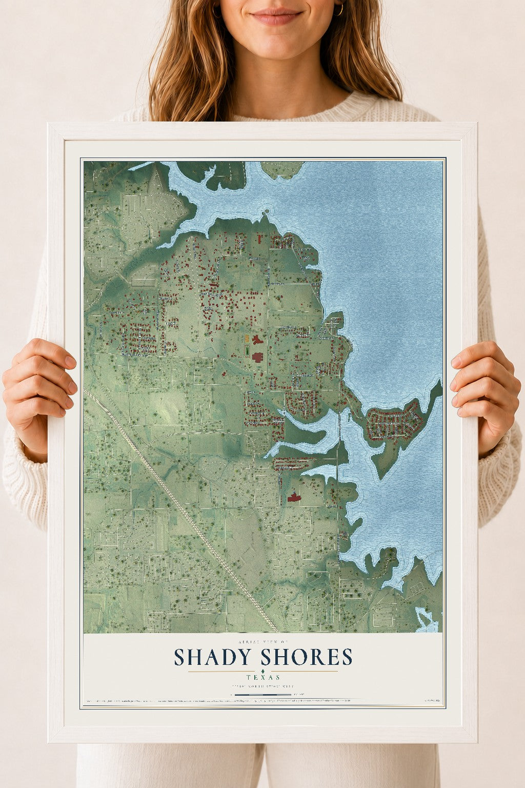 Map of Shady Shores, Texas, 18 x 24 inch print in a white wood frame