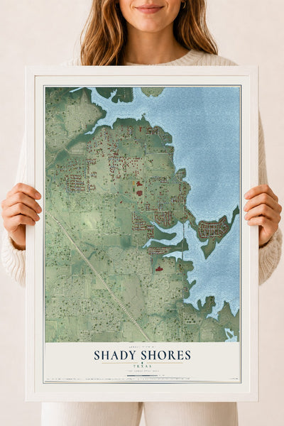 Map of Shady Shores, Texas, 18 x 24 inch print in a white wood frame