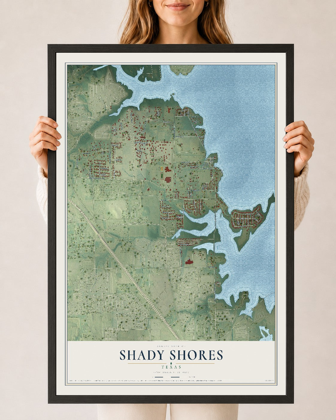 Map of Shady Shores, Texas, 24 x 36 inch print in a black wood frame