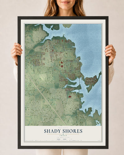 Map of Shady Shores, Texas, 24 x 36 inch print in a black wood frame