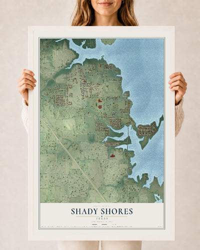 Map of Shady Shores, Texas, 24 x 36 inch print in a white wood frame