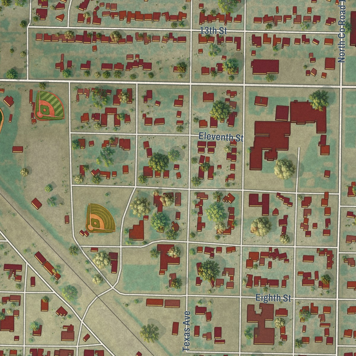 Close-up of the map of Shallowater, Texas print showing street and building detail