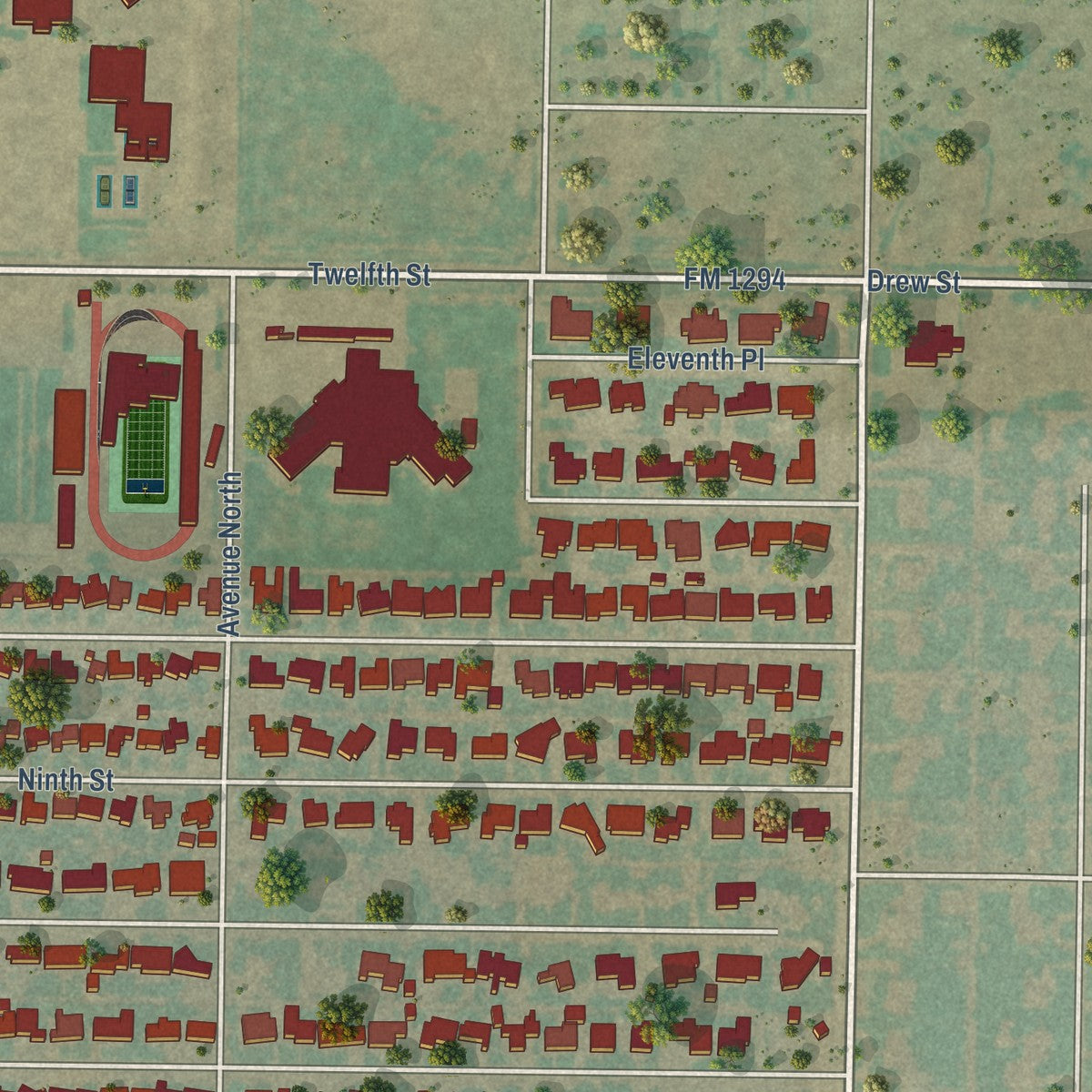 Second close-up of the map of Shallowater, Texas print showing more streets and buildings