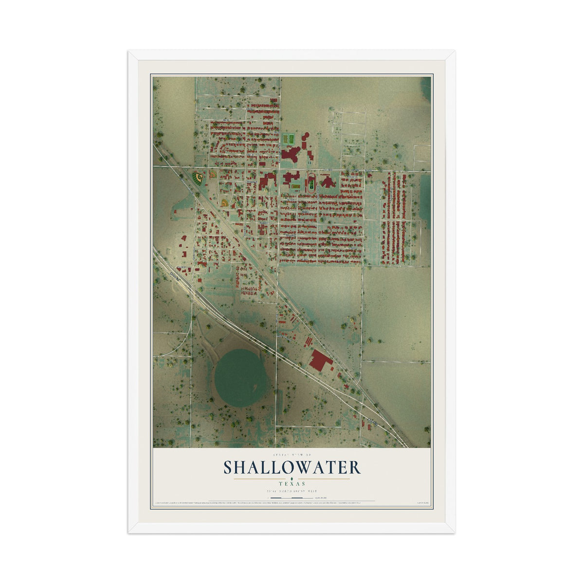 Map of Shallowater, Texas, 12 x 18 inch print in a white wood frame