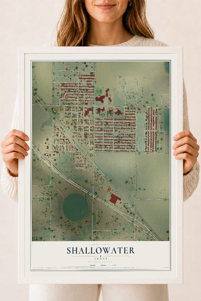 Map of Shallowater, Texas, 18 x 24 inch print in a white wood frame
