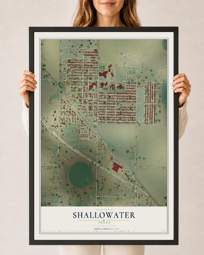 Map of Shallowater, Texas, 24 x 36 inch print in a black wood frame