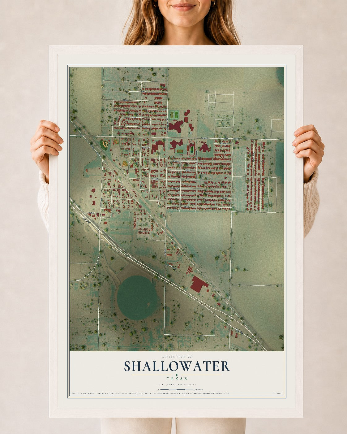 Map of Shallowater, Texas, 24 x 36 inch print in a white wood frame