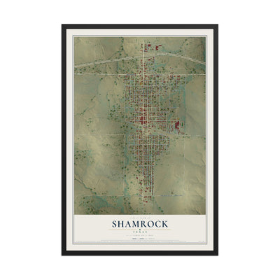 Map of Shamrock, Texas, 12 x 18 inch print in a black wood frame